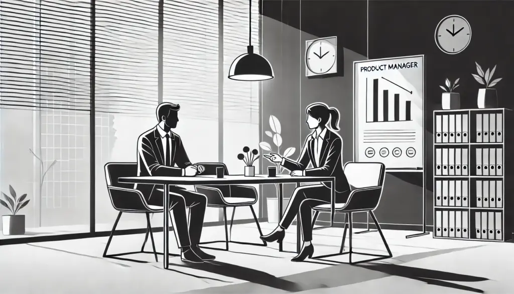 Monochrome illustration of a product manager in a team meeting