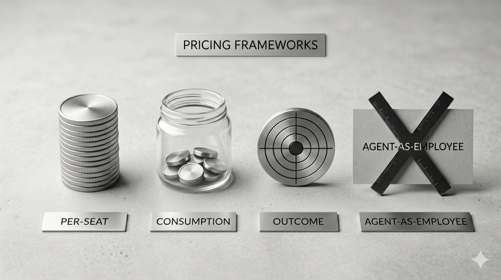 Comparison of four AI agent pricing models with the agent-as-employee model marked as a trap